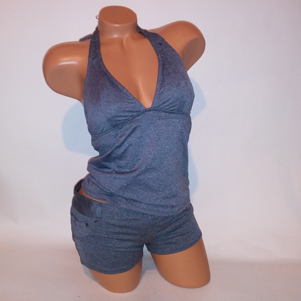 Athleta Swim Tankini Small Tank Top Medium Bottom Gray Marl Halter Wireless